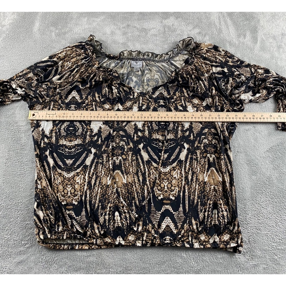 Worthington Woman Stretch Snakeskin Print Ruffle Tie Neck Blouse Plus 1X Brown - Picture 7 of 13